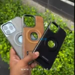 Brown Jinduka iPhone case with foldable kickstand extended – side angle