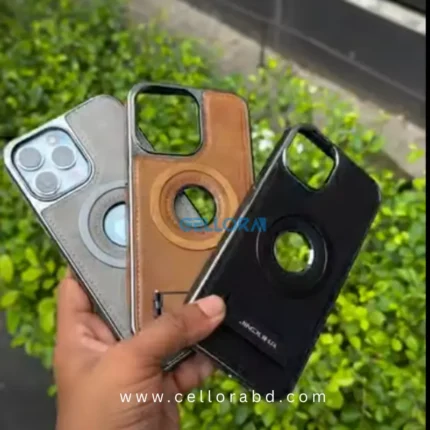 Brown Jinduka iPhone case with foldable kickstand extended – side angle